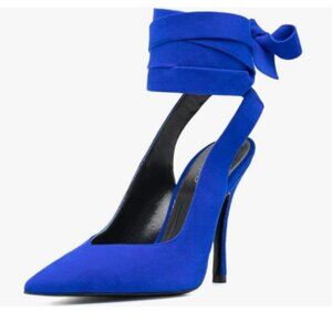 XYD Blue Ankle Wrap High Heel Evening Pumps Pointed Toe Strappy Tie-up Shoes
